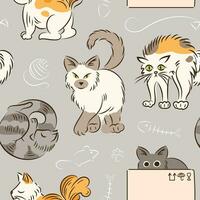 Seamless pattern of cats in different poses in sketch style. Fat cute cat lifestyle. Pets. The cat hissses, sleeps, hides sitting in box, walks. For wallpaper, fabric, wrapping, background. Fish bones vector