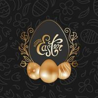 Happy Easter. Square black banner, shiny gold chocolate eggs in realistic style, spring flowers, doodle. Vintage lettering. Vector illustration for posters, cards, banners, fabric printing.