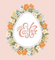 Happy Easter. Square colorful banner, wreath of spring flowers in the form of a chocolate egg. Vintage lettering. Vector illustration for posters, cards, banners, fabric printing. He is risen.