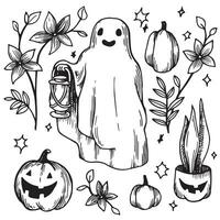 vector drawing set for Halloween, funny ghost, pumpkins and plants. illustration in sketch style, vintage, retro style