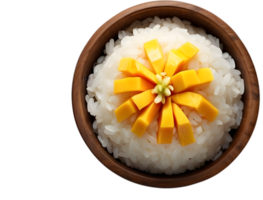 ai generiert ein Schüssel von Reis klebrig mit ein Scheibe von Mango auf oben png