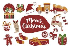 Classic Christmas greeting collection in retro style with traditional Christmas and New Year elements. Sticker pack of flat elements. Vector