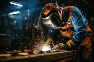 AI generated a man in overall working in a factory using welding equipment, photo