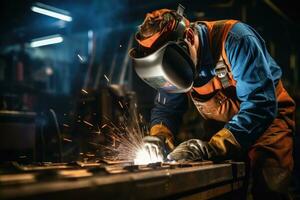 ai generado un hombre en en general trabajando en un fábrica utilizando soldadura equipo, foto