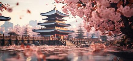 ai generado un rosado árbol y pagoda con árbol valores imágenes foto