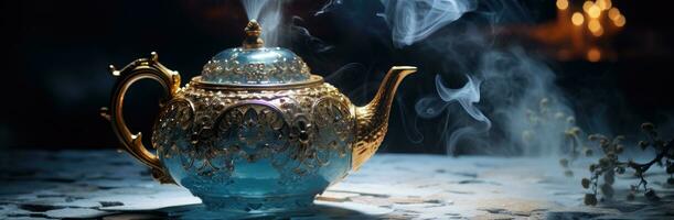 AI generated a golden teapot with smoke flying up from it photo