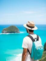 AI generated a photograph of traveler or backpaker in the beach with a many style and many angle photo