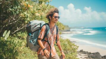 AI generated a photograph of traveler or backpaker in the beach with a many style and many angle photo