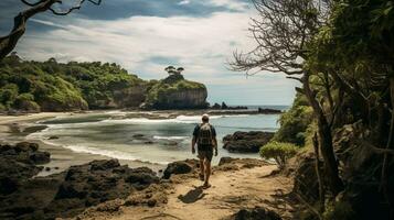 AI generated a photograph of traveler or backpaker in the beach with a many style and many angle photo