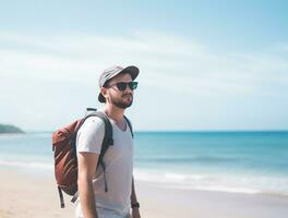 AI generated a photograph of traveler or backpaker in the beach with a many style and many angle photo
