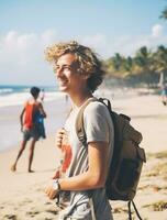 AI generated a photograph of traveler or backpaker in the beach with a many style and many angle photo