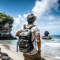 AI generated a photograph of traveler or backpaker in the beach with a many style and many angle photo