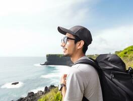 AI generated a photograph of traveler or backpaker in the beach with a many style and many angle photo