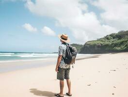AI generated a photograph of traveler or backpaker in the beach with a many style and many angle photo