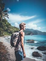 AI generated a photograph of traveler or backpaker in the beach with a many style and many angle photo