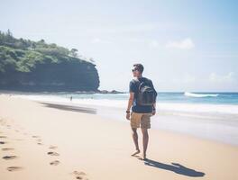 ai generado un fotografía de viajero o mochilero en el playa con un muchos estilo y muchos ángulo foto