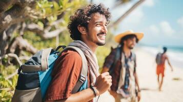 AI generated a photograph of traveler or backpaker in the beach with a many style and many angle photo