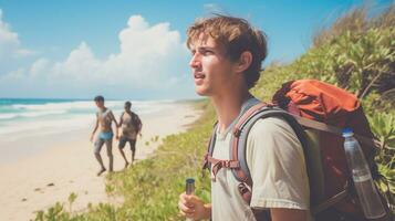 AI generated a photograph of traveler or backpaker in the beach with a many style and many angle photo