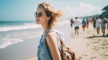 AI generated a photograph of traveler or backpaker in the beach with a many style and many angle photo