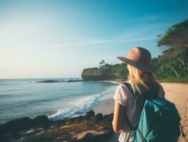 AI generated a photograph of traveler or backpaker in the beach with a many style and many angle photo