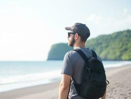 AI generated a photograph of traveler or backpaker in the beach with a many style and many angle photo