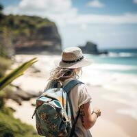 ai generado un fotografía de viajero o mochilero en el playa con un muchos estilo y muchos ángulo foto