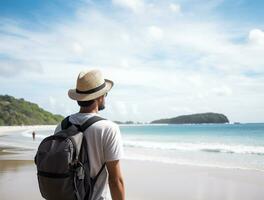 AI generated a photograph of traveler or backpaker in the beach with a many style and many angle photo