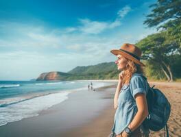AI generated a photograph of traveler or backpaker in the beach with a many style and many angle photo