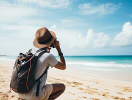 ai generado un fotografía de viajero o mochilero en el playa con un muchos estilo y muchos ángulo foto