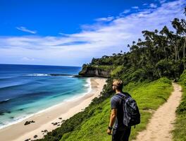 AI generated a photograph of traveler or backpaker in the beach with a many style and many angle photo