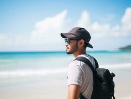 AI generated a photograph of traveler or backpaker in the beach with a many style and many angle photo