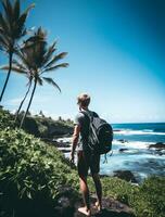AI generated a photograph of traveler or backpaker in the beach with a many style and many angle photo