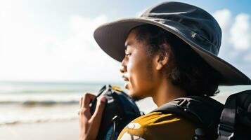 AI generated a photograph of traveler or backpaker in the beach with a many style and many angle photo