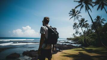 AI generated a photograph of traveler or backpaker in the beach with a many style and many angle photo
