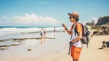 AI generated a photograph of traveler or backpaker in the beach with a many style and many angle photo