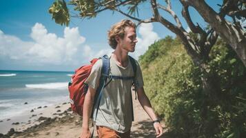AI generated a photograph of traveler or backpaker in the beach with a many style and many angle photo