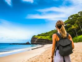 AI generated a photograph of traveler or backpaker in the beach with a many style and many angle photo