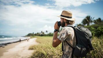 AI generated a photograph of traveler or backpaker in the beach with a many style and many angle photo