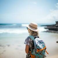 AI generated a photograph of traveler or backpaker in the beach with a many style and many angle photo