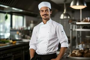 ai generado un masculino cocinero sonriente y posando en el cocina foto