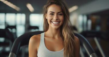 AI generated young woman standing walking on treadmill in the gym with equipment photo