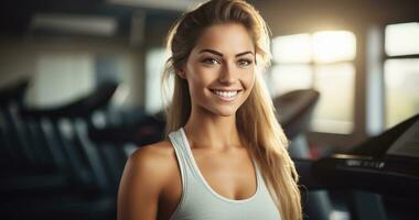 AI generated young woman standing walking on treadmill in the gym with equipment photo