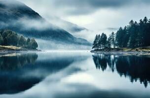 ai generado un montaña lago con niebla reflejando en eso foto