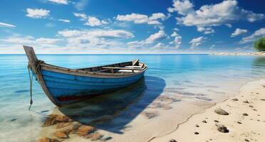 AI generated a boat rests on top of water on a tropical beach photo