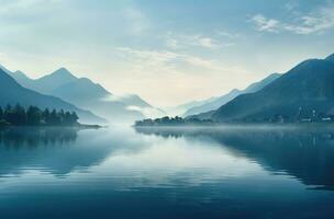 AI generated a beautiful lake in the mountains in the morning photo