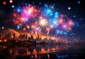 AI generated Beautiful scene of a Happy New Year celebration with a colorful fireworks display photo