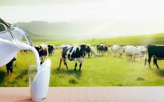 vierta la leche fresca de la jarra en un vaso transparente colocado sobre un piso de tablones de madera. las vacas de pradera verde brillante caminan libremente y disfrutan comiendo hierba. cielo azul claro con nubes blancas. representación 3d foto