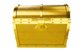 Treasure chest made of gold. Antique chest made of wood and metal, painted gold. Antique padlock locks the treasure chest. on a white background with clipping path. 3D rendering photo