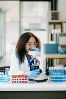 Modern medical research laboratory. female scientist working with micro pipettes analyzing biochemical samples, advanced science photo