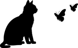 un gatito se sienta y mira a un volador mariposa. negro silueta de un gato aislado en blanco antecedentes. ai generado ilustración. vector